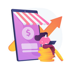 Income growth. Freelancer sitting on coins and working with laptop cartoon character. Money earning, virtual sales, marketing strategy. Vector isolated concept metaphor illustration