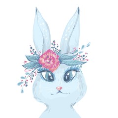 White Rabbit portrait with rose. Watercolor Easter art print. Vector hand drawn illustration in vintage style.