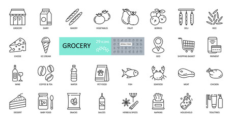 Vector set of 29 grocery icons with editable stroke. Images of the departments of the grocery store, online sales, geo delivery, consumer basket, dairy and meat products, bread, vegetables, fruits - 332518768