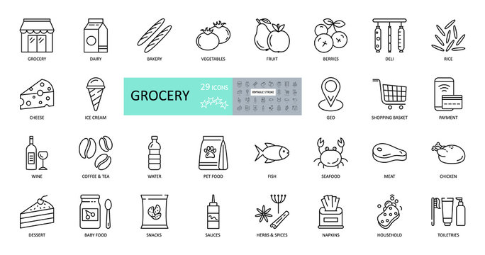 Vector set of 29 grocery icons with editable stroke. Images of the departments of the grocery store, online sales, geo delivery, consumer basket, dairy and meat products, bread, vegetables, fruits