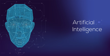 Future of Artificial Intelligence (AI), Human face with AI text made by digital circuit on blue background for web banner design.