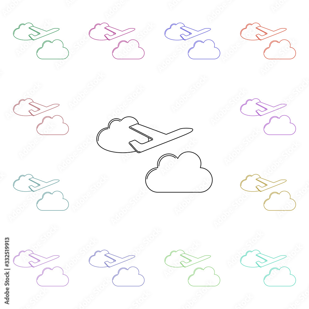 Poster airplane in the clouds multi color style icon. simple thin line, outline vector of airport icons for