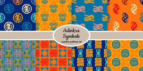 Collection of seamless pattern with adinkra symbols designed for web, fabric, paper and all prints 