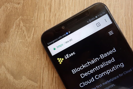 KONSKIE, POLAND - JULY 08, 2018: iExec (RLC) cryptocurrency website displayed on Huawei Y6 2018 smartphone