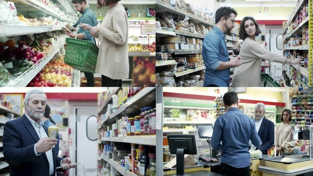 Collage of people choosing and buying goods in grocery shop. Multiscreen montage, split screen collage. Shopping concept