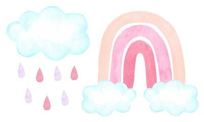 Watercolor illustration with trendy carm neutral rainbow, clouds, raindrops isolated on white. Baby shower, nursery decor.