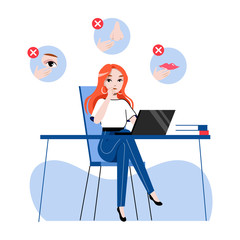 Fototapeta na wymiar Concept Of Personal Hygienic, Precautionary Measures For Avoidance Viruses Infection. Woman Office Worker Is Touching Her Face. Virus Protection. Cartoon Linear Outline Flat Style Vector Illustration