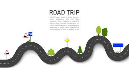Road trip. 3D navigation and location on trip with signs and trees. Winding way map. Journey for car in highway. Travel on taxi. Infographic for path. Transport traffic route in flat style. Vector