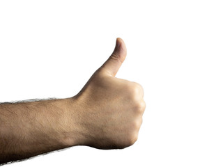 Men's brutal hairy hand clenched into a fist and showing a thumb against an isolated background
