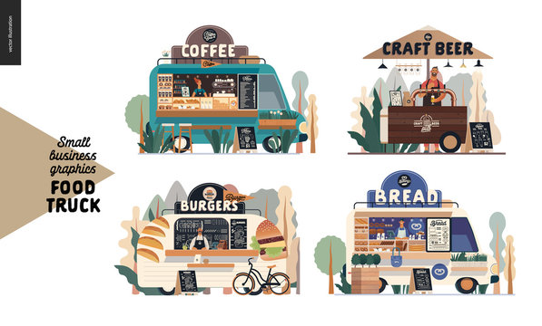 Food trucks -small business graphics. Modern flat vector concept illustrations -set of vans vending outdoor. Coffee shop, craft beer cart with umbrella, burgers, bread of bakery