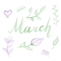 Spring watercolor Set lettering illustration icons leaves flowers March vector
