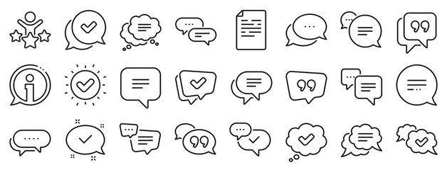 Approved, Checkmark box and Social media message. Chat and quote line icons. Chat speech bubble, Tick or check mark, Comment quote icons. Think, approved talk, speech bubble. Vector - obrazy, fototapety, plakaty