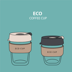 Eco coffee cup to go. Glass with cork. Flat design