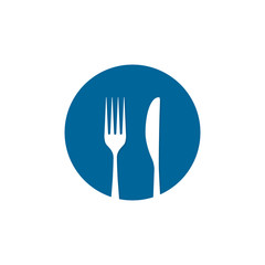 Fork and spoon icon on round, Cutlery symbol graphic design web element. Flat fork symbol on the blue round button. Vector