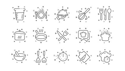 Boiling time, Frying pan and Kitchen utensils. Cooking line icons. Fork, spoon and knife line icons. Recipe book, chef hat and cutting board. Linear set. Geometric elements. Quality signs set. Vector