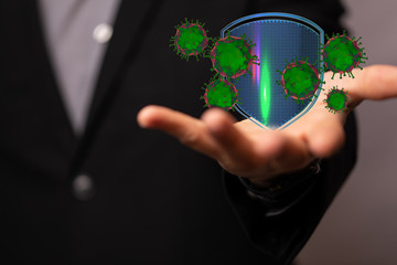 Hologram of coronavirus COVID-2019 on a protection futuristic background. Deadly type of virus...