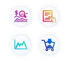Check investment, Document and Diagram icons simple set. Button with halftone dots. Shopping sign. Business report, File with diagram, Growth graph. Add to cart. Finance set. Vector