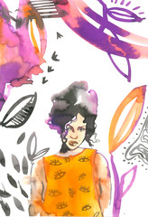 Young female brunette portrait hand drawn watercolor illustration. Fashion, elegant girl with voluminous hairstyle on white background with flowers and leaves. Stylish girl, pretty lady