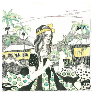 graphic black and white illustration of a girl in a dress drinking a coconut cocktail in tropical plants against the background of the streets of Jamaica