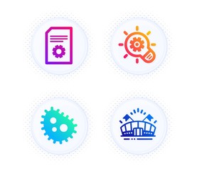 Cogwheel, File settings and Bacteria icons simple set. Button with halftone dots. Sports arena sign. Idea bulb, File management, Antibacterial. Event stadium. Business set. Vector