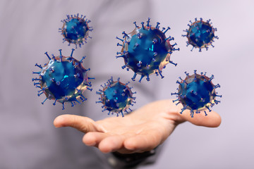 Hologram of coronavirus COVID-2019 on a protection futuristic background. Deadly type of virus...