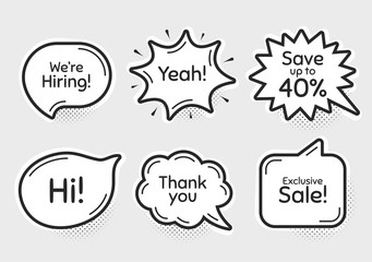 Comic chat bubbles. Exclusive sale, 40% discount and hiring. Thank you, hi and yeah phrases. Sale shopping text. Chat messages with phrases. Drawing texting thought speech bubbles. Vector