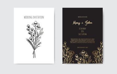 Naklejka na ściany i meble Minimalist wedding invitation card template design. Template, Frame with Delicate Flowers, Branches, Plants.