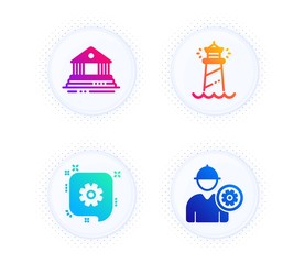 Fototapeta na wymiar Court building, Lighthouse and Cogwheel icons simple set. Button with halftone dots. Engineer sign. Government house, Searchlight tower, Engineering. Worker with cogwheel. Industrial set. Vector