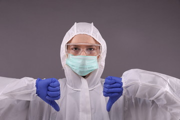 Woman in protective costume shows dislike