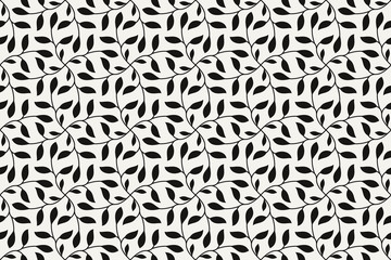 Floral seamless pattern. Vector background with abstract tree branch texture. Leaves monochrome wallpaper, black white simple foliage ornament for wrapping paper, textile. Decorative design element