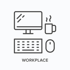 Workplace line icon. Computer monitor, keyboard, mouse and coffee mug vector illustration. Online work desktop top view linear sign
