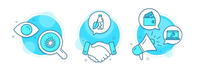 Debit card, Gear and Laptop repair line icons set. Handshake deal, research and promotion complex icons. Water bottle sign. Wallet with credit card, Work process, Computer service. Vector