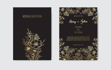 Luxury Natural Wedding invite Card for summer and spring seasons. Design With gold leaves minimal style decoration.