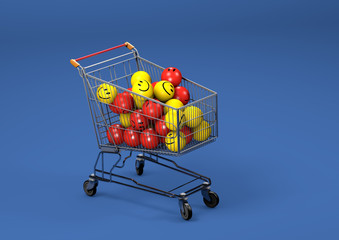 Shopping cart full of yellow smile and red sad emoji on yellow background. 3D Render.