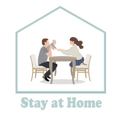 Stay at home. The family remains at home in quarantine, virus protection. Father, mother and baby are sitting on chairs at the table. Coronavirus outbreak concept. Vector illustration in a flat style.