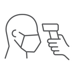 Checking body temperature thin line icon, coronavirus and covid 19, temperature scaning sign, vector graphics, a linear pattern on a white background, eps 10.