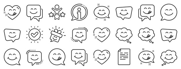 Emoticon speech bubble, social media message, smile with tongue. Yummy smile line icons. Tasty food eating emoji face icons. Delicious yummy speech bubble, happy emoticon. Vector