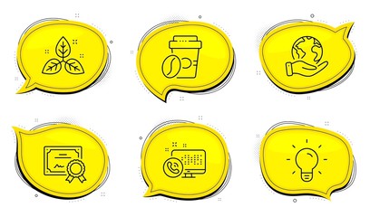 Fair trade sign. Diploma certificate, save planet chat bubbles. Light bulb, Takeaway coffee and Web call line icons set. Lamp energy, Roasted bean, Phone support. Leaf. Business set. Vector