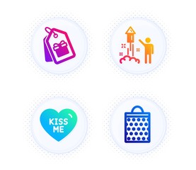 Fireworks, Coupons and Kiss me icons simple set. Button with halftone dots. Shopping bag sign. Party pyrotechnic, Shopping tags, Love sweetheart. Paper package. Holidays set. Vector