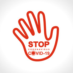 Prohibition sign with hand. STOP. Big red warning inscription biological hazard risk logo symbol. Vector information banner.