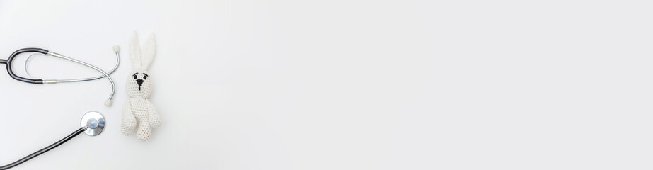 Simply minimal design toy bunny and medicine equipment stethoscope isolated on white background. Health care children doctor concept. Pediatrician symbol. Flat lay, top view copy space. Banner © Юлия Завалишина