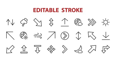 Set of line arrows, directions, arrows, contains icons such as pause, continuation, directly, to the right, Editable stroke. 480x480, On a white background, Vector illustration