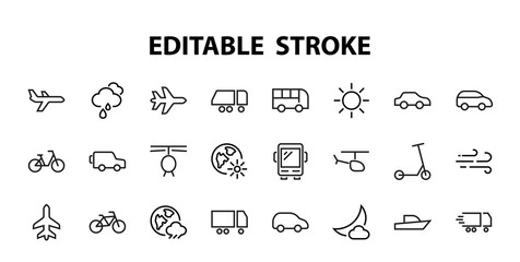 Set of public transport related vector line icons. Contains icons such as bus, bike, suitcase, car, scooter, truck, transport, trolley bus, sailboat, motor boat, plane and much more. Editable stroke.