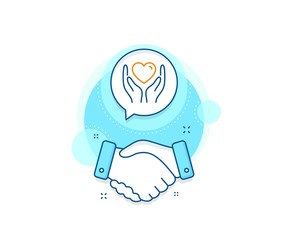 Friends love sign. Handshake deal complex icon. Hold heart line icon. Friendship hand symbol. Agreement shaking hands banner. Hold heart sign. Vector