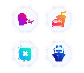 Hamburger, Reject and Breathing exercise icons simple set. Button with halftone dots. Ship sign. Burger with drink, Delete message, Breath. Shipping watercraft. Business set. Vector