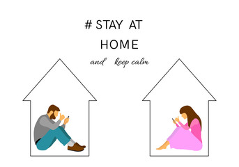 Stay at home and keep calm coronavirus concept. Two young people staying in touch by mobile. Smiling man and woman sitting in their house, showing a like sign. White isolated background.