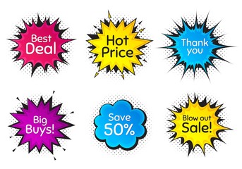 Hot price, 50% discount and best deal. Comic speech bubble. Thank you, hi and yeah phrases. Sale shopping text. Chat messages with phrases. Colorful texting comic speech bubble. Vector