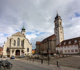 Marktplatz square surrounded with old historical buildings in Lindau, town by the bodensee lake in Germany