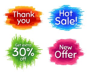 Hot sale, 30% discount and new offer. Dirty brush stroke. Thank you phrase. Sale shopping text. Paint, ink watercolor brush stroke. Grunge painbrush dash. Vector