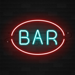 Realistic glowing neon signs on a brick wall. Bar signboard concept. Retro element for web design. Vector 3D illustration